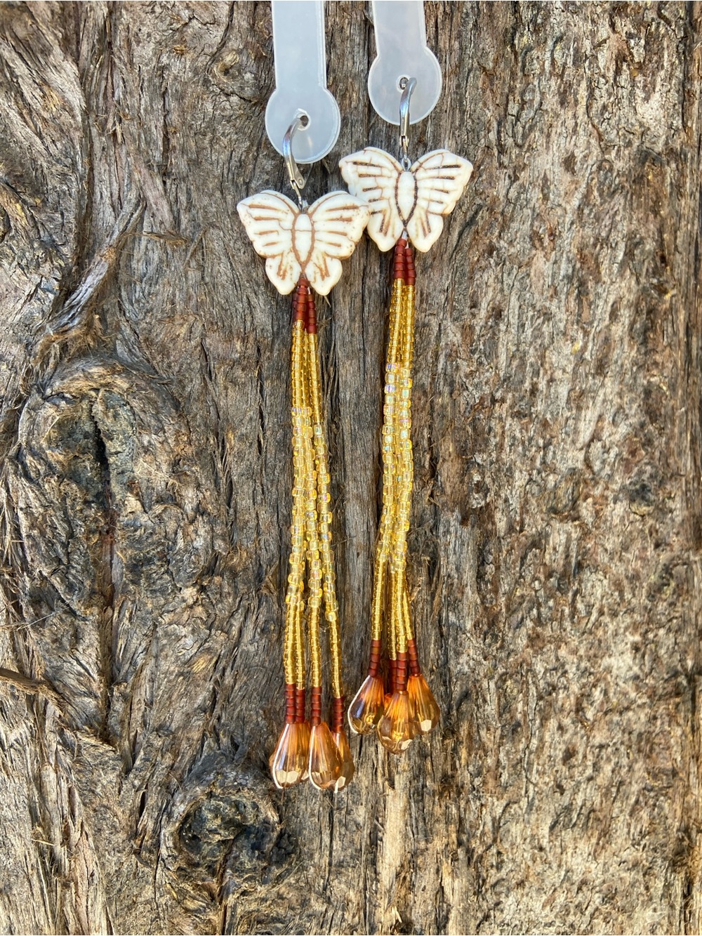 Butterfly Bead Tassel Earrings - Gold and Amber